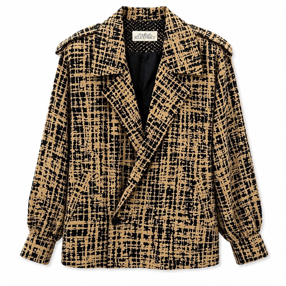 Linda Allard Ellen Tracy Silk Jacket Tan Black Abstract Grid Print Small Vintage